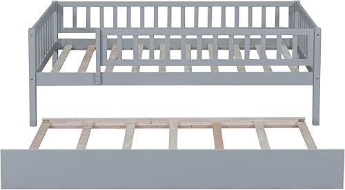 Miniatura 6 de Merax Sofá cama individual con nido, marco de cama individual de madera con barandillas de valla, no necesita somier, gris