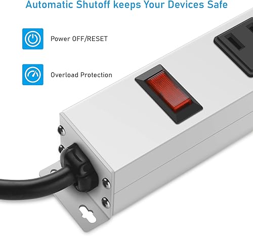 Miniatura 3 de JUNNUJ Regleta de alimentación de metal de 16 tomas, regleta de alimentación resistente montable, protector de sobretensiones de 1200 J, toma de