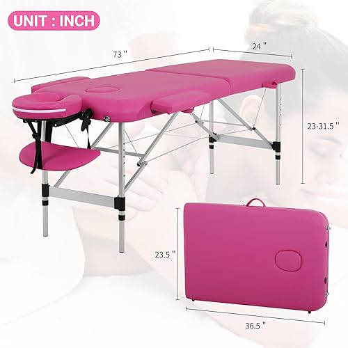 Miniatura 2 de RROCOSIA Mesa de masaje, cama de masaje de 73 pulgadas, altura ajustable, 2 pliegues, de aluminio, de piel sintética, para belleza, spa, con funda