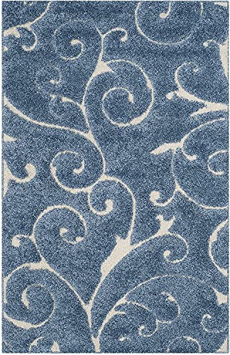 Image of Grand Swirl Premium Shaggy Rectangular Carpet For Living Room,Bedroom,High Low Design Finish Microfiber 1.8 Inch Pile High,6X9 Feet Royal Blue|Cream Color