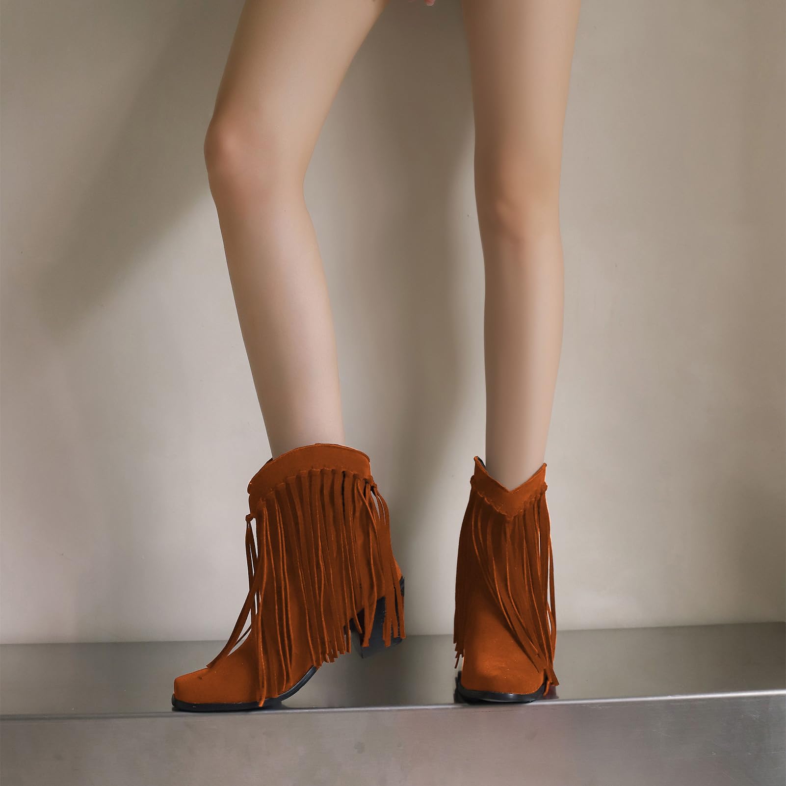 rismart Femmes Cowboy Chevilles Bottines Frangées Large Mollet Petit Bout Carré Western Bootie