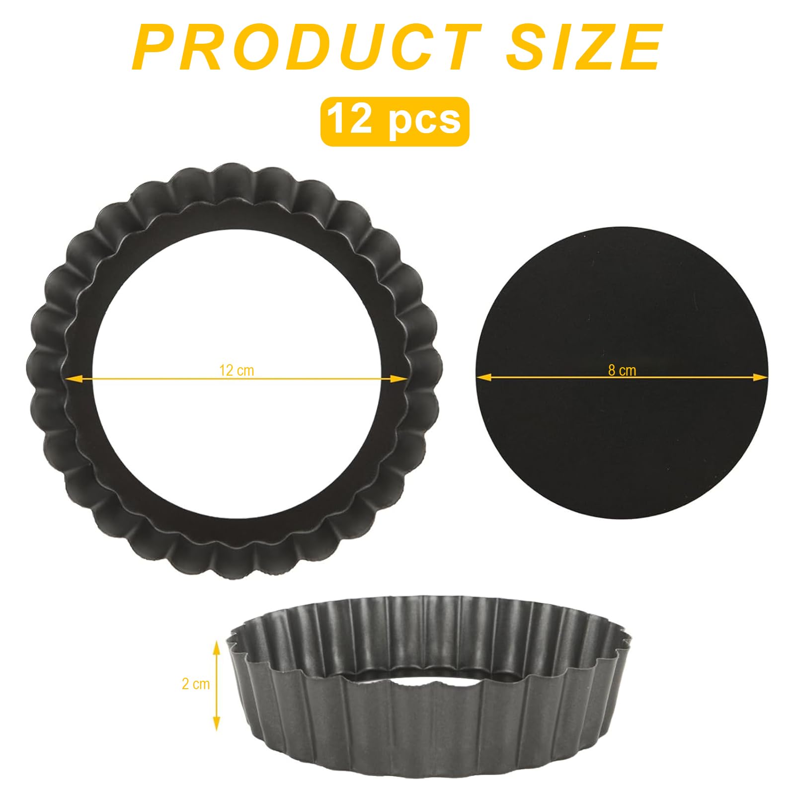 12 Pezzi tortiera con Fondo sollevabile, Mini Stampo per Quiche Rivestimento Antiaderente, Set di stampi per tartellette per Quiche, Torta di Frutta, pasteis de Nata (Nero)
