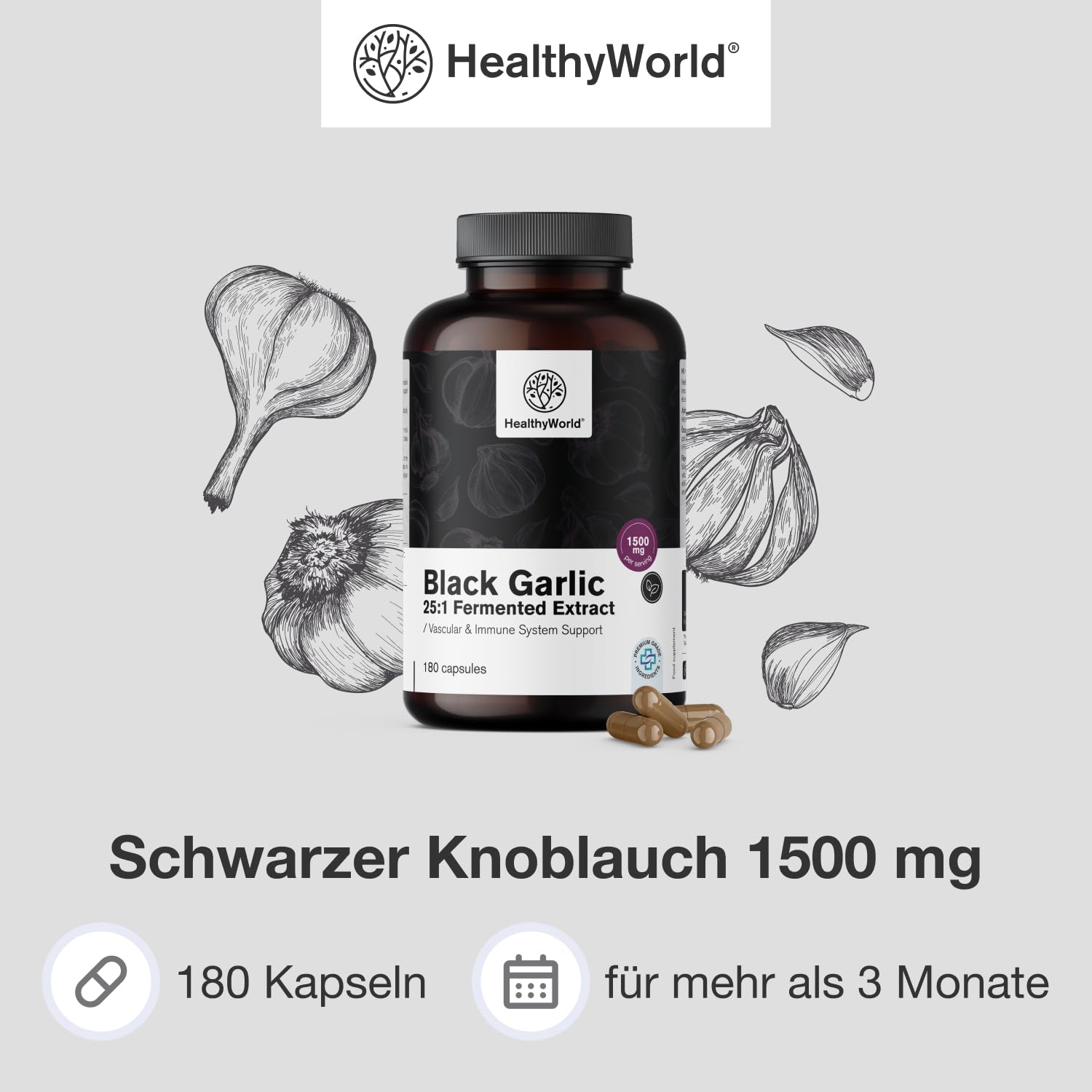 HealthyWorld Schwarzer Knoblauch 1500 mg - 180 Kapseln - Knoblauchextrakt 25:1-20% Polyphenole - Ohne Geruch und unangenehmen Geschmack- Für mehr als 3 Monate - Für das Immunsystem