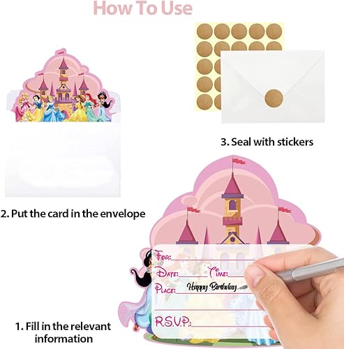 Miniatura 4 de GOGOPARTY 20 tarjetas de invitación de princesa, tarjetas de invitación para fiesta de cumpleaños de princesa con etiquetas adhesivas, 20