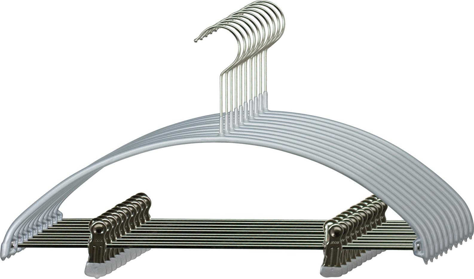MAWA Economic PK - Grucce a clip, adatte per completi, giacche, gonne e pantaloni, 10 pezzi, salvaspazio, gancio girevole a 360°, con rivestimento antiscivolo non inquinante, 40 cm, Argento