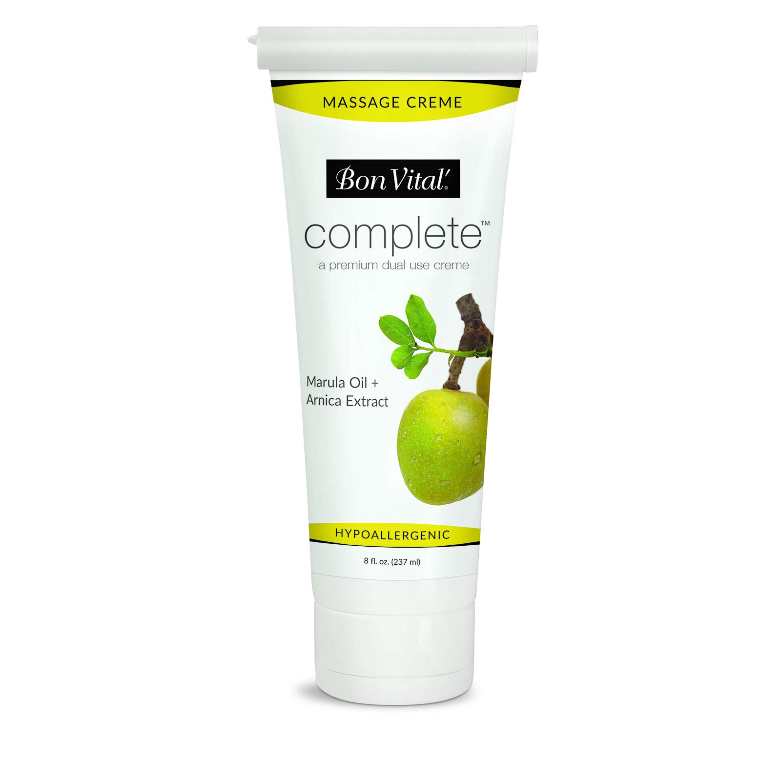 Bon Vital Complete Massage Creme, Premium Dual Use Cream for Hypoallergenic Professional Massages, Non Greasy Unscented Moisturizer Made with Marula, Olive, Avocado, & Jojoba Oil, 8 oz. Tube
