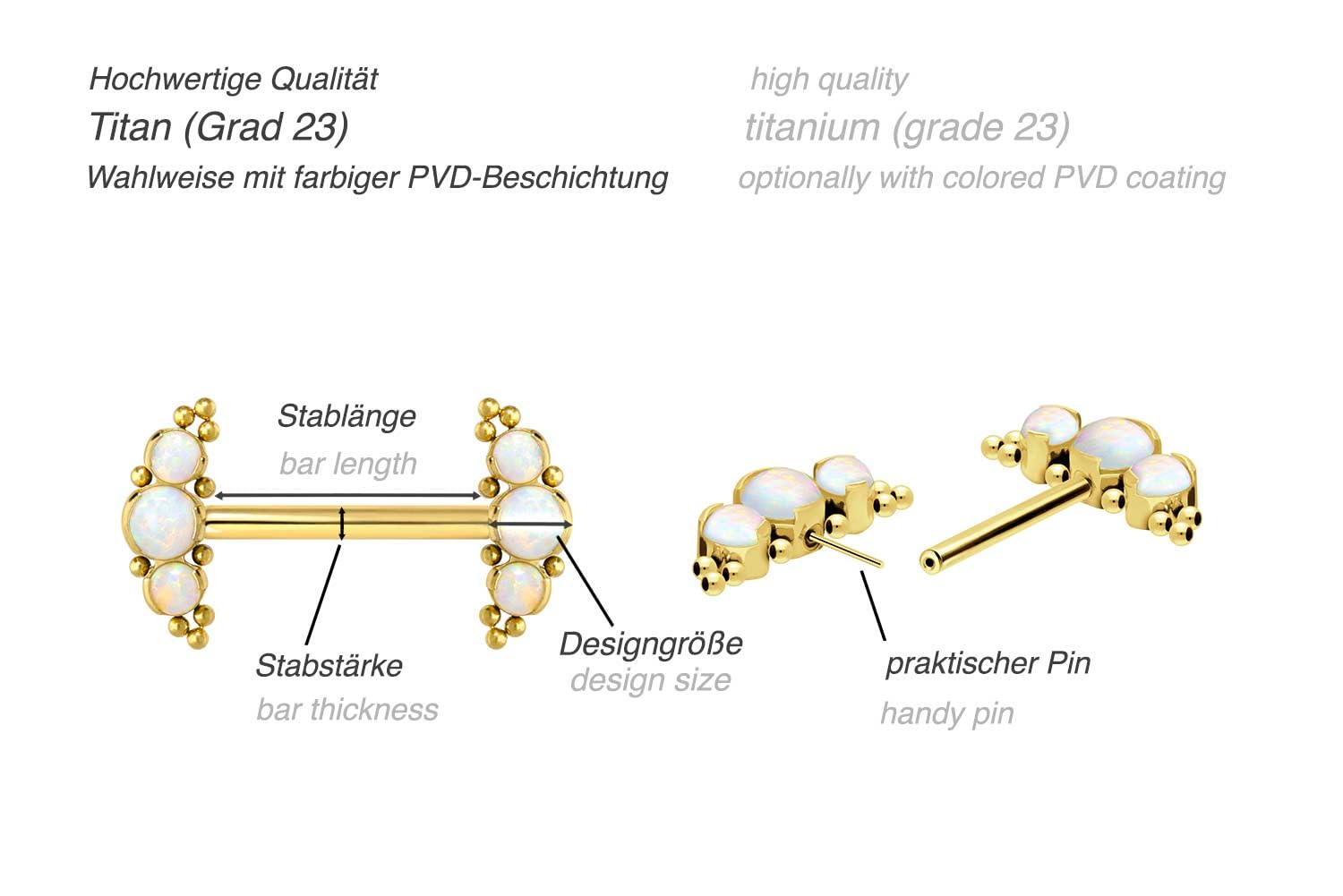 PIERCINGLINE Titan Barbell mit Push Fit 3 SYNTHETISCHE OPALE + KUGELN Brustwarzenpiercing Nippelpiercing Farb & Größenauswahl
