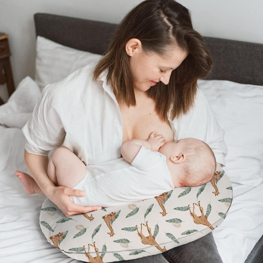 Image of ๐๐ข๐ฆ๐ ๐๐ฅ Nursing Pillow for Breastfeeding Newborn Baby | C-Shape Feeding Pillow with Removable Cotton Cover | Tummy Time, Propping & Sitting Support | Baby Feeding Pillow for Mother (GIRAFFE-LEAF)