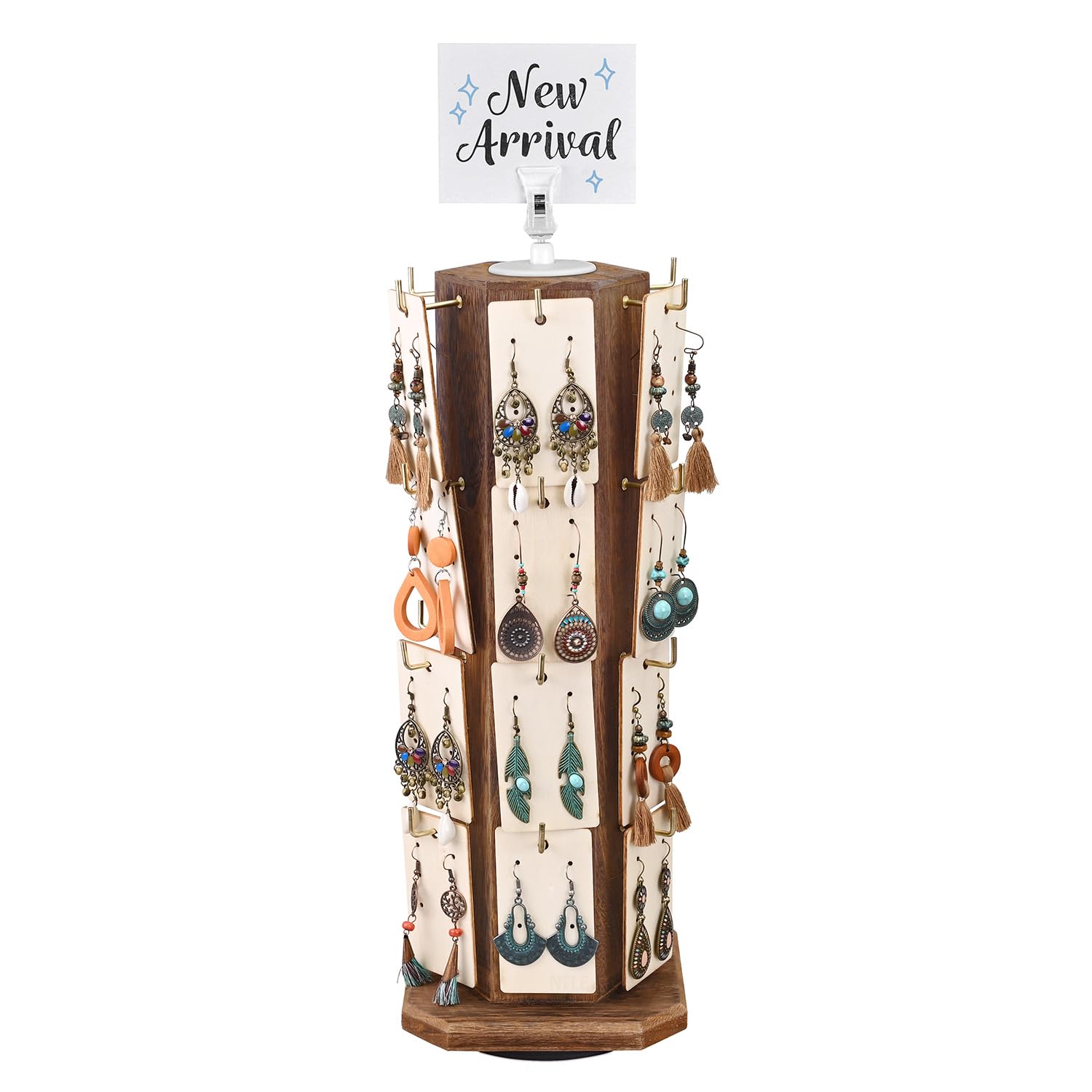 Ikee Design Free Assemble 24 Hooks Wood Hexagon 6 Sided Rotating Jewelry Display Stand Tower for Earrings,Bracelets, Keychain Earring Display Stand for Selling, Showcase, Brown Color
