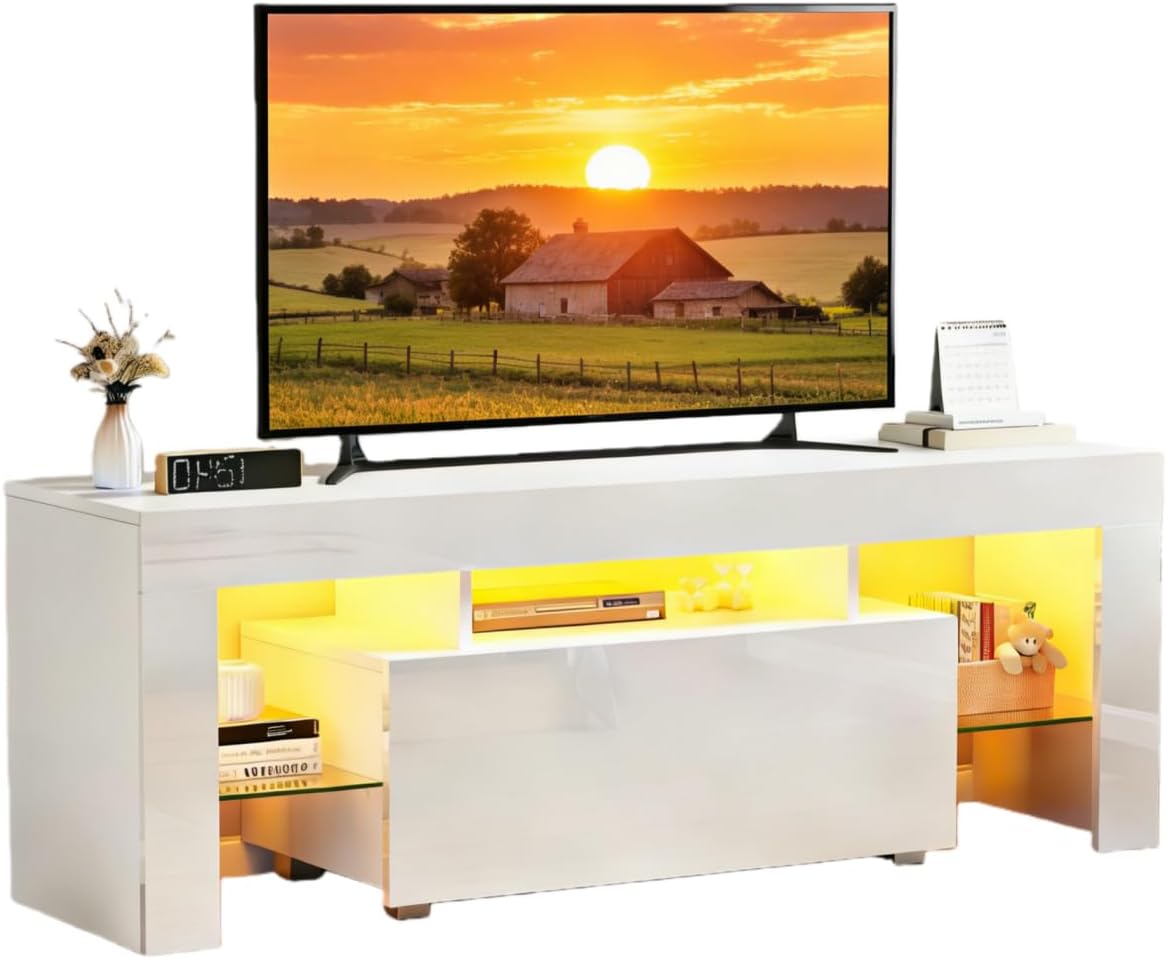 Led Lights TV Stand Cabinet with Drawer Shelves, 130cm Wood High Glossing Unit Entertainment Center TV Media Center Cabinet for 32"-65" TV (White)