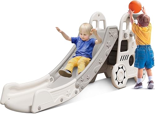 Miniatura 1 de Tobogán 3 en 1 para niños pequeños, tobogán de plástico para interiores y bebés, juego independiente con aro de baloncesto y todo para patio de