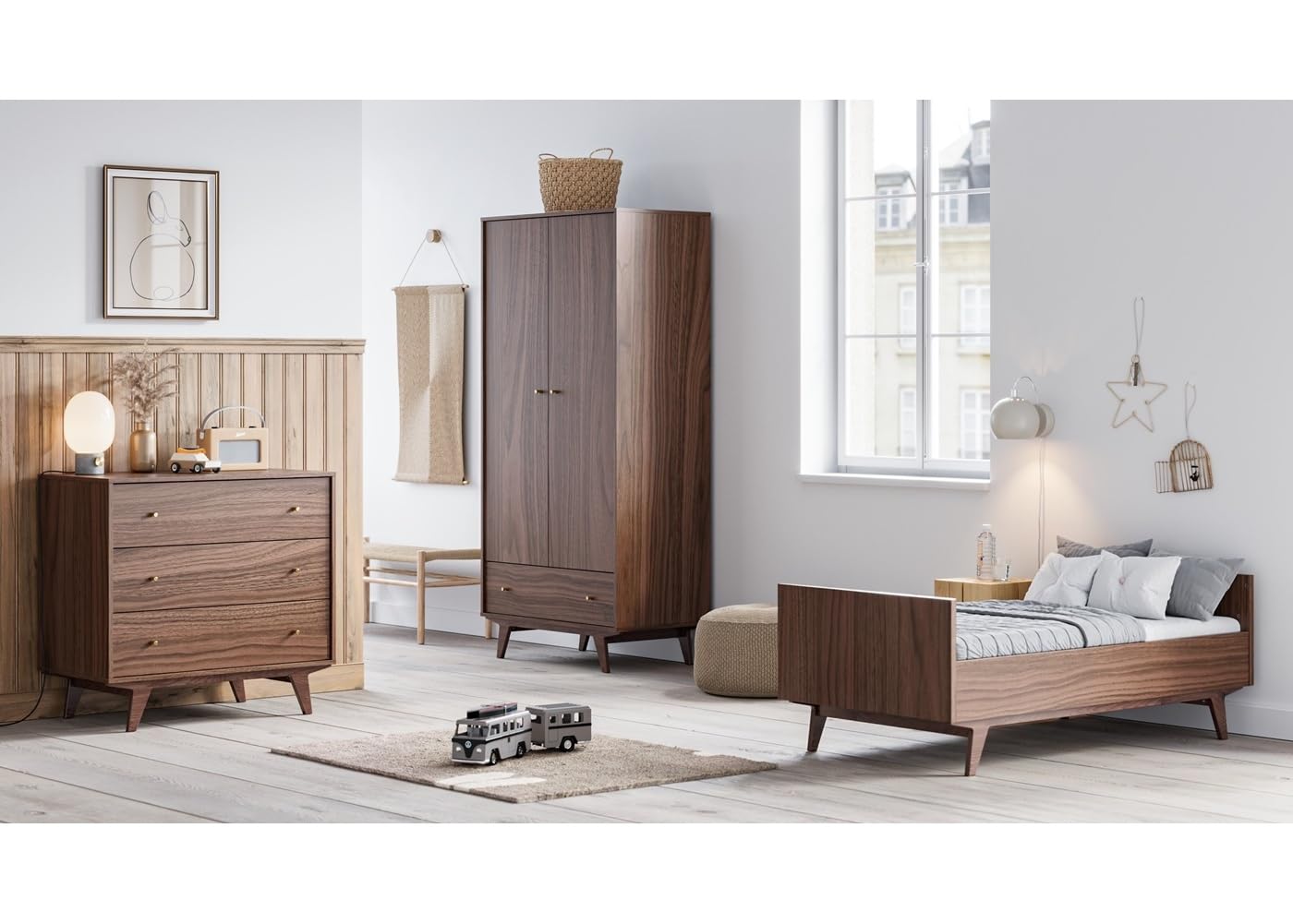 Babyzimmer Kinderzimmer komplett Set Maddy Weiß Walnuss Schrank Kommode Bett (Walnuss)