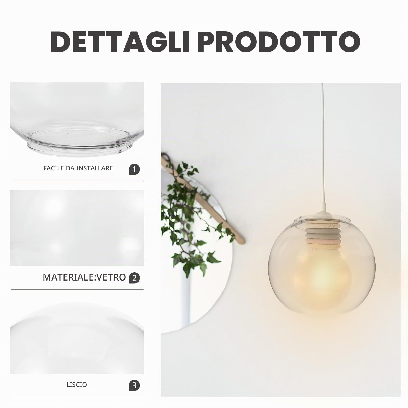 Uonlytech Foro di Apertura da 70 Mm Apparecchio di Illuminazione di Ricambio Paralume in con Paralume in Trasparente Paralume a Globo per Lampadario a Sospensione 13 Cm