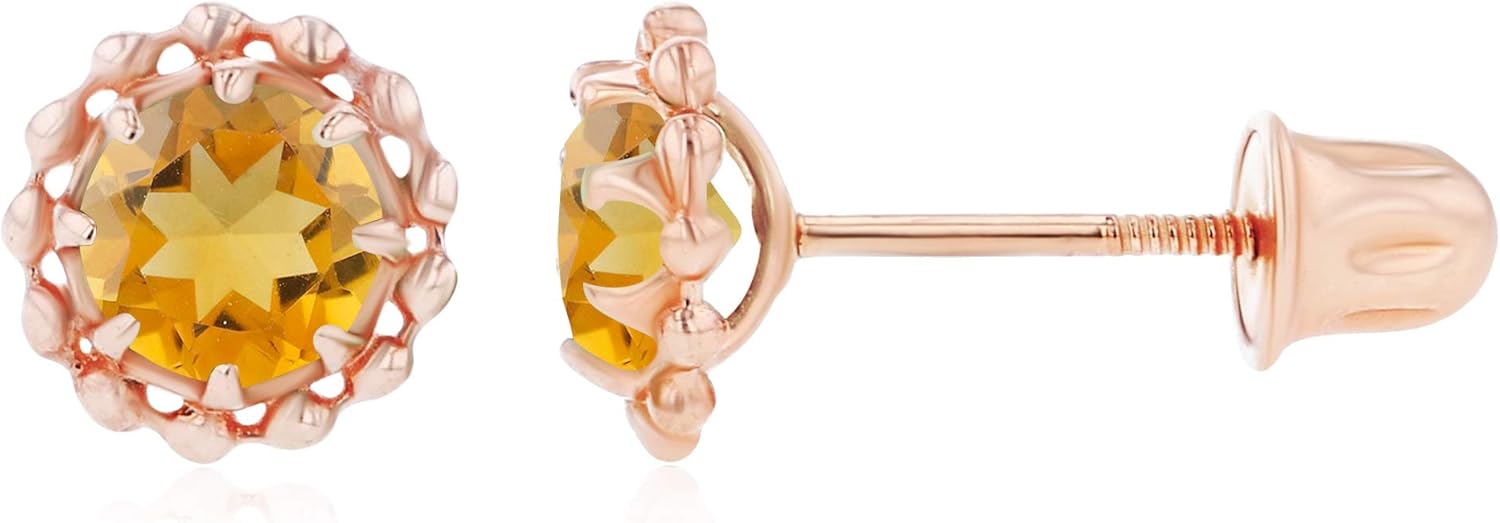 Sterling Silver Rose 4mm Round Citrine Textured Halo Screwback Earrings