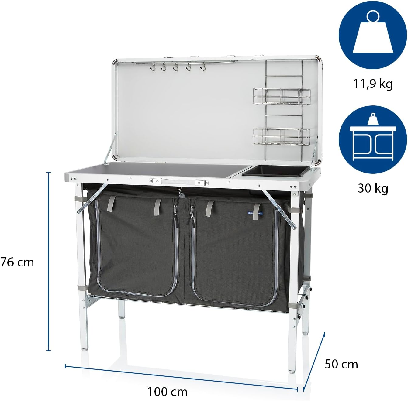 Campart Camping Kitchen Granada – Fold-out windshield – With sink, sink organizer and towelrack – 2 shelves – 4 adjustable feet – Grey – KI-0757
