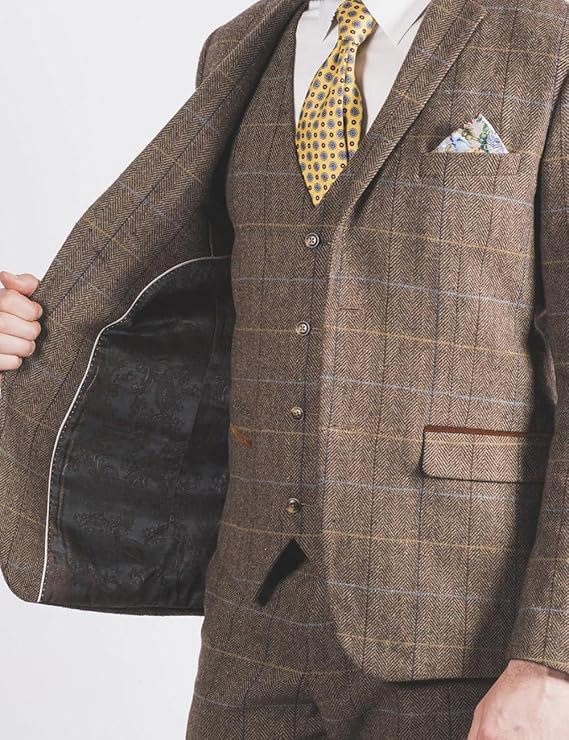 Men's Suits Classic Regular Fit 3 Piece Tuxedos Plaid Tweed Herringbone Jacket+Vest+Trousers Wedding Grooms3