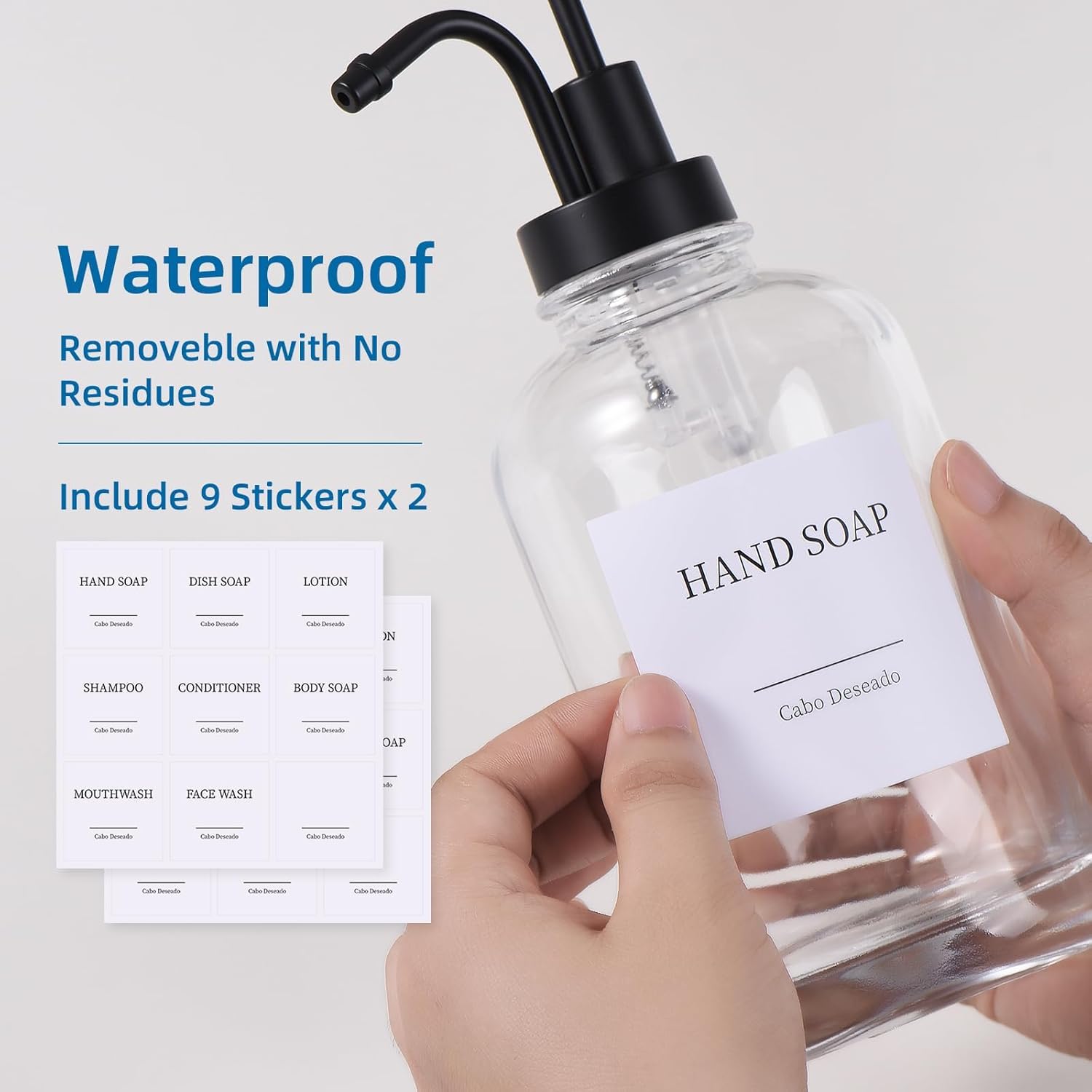 Glass Soap Dispenser with Pump, Dish and Hand Soap Dispenser for Kitchen Bathroom Set, Clear Glass Dispenser Set of 2 Pack with 18 Stickers Funnel Bamboo Tray 500ml 18oz / Each Bottle Sliver Pump - Image 5
