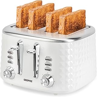 Geepas 4 Slice Bread Toaster with 7 Level Browning Control | Removable Crumb Tray, Defrost, Reheat & Cancel Function, Cord Storage | 2 Year Warranty, Textured Design, 1750W, White & Silver