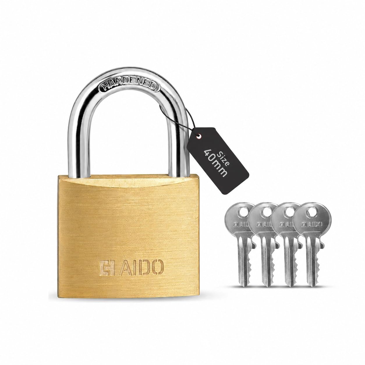 AIDO by dormakaba Group 40mm Solid Brass Padlock | Lock for Main Doors, Home, Luggage, Cabinets, Lockers, Toolboxes | 4 Brass Keys | Double Bolt | Hardened Shackle | Water Resistant | 2 Yr Warranty