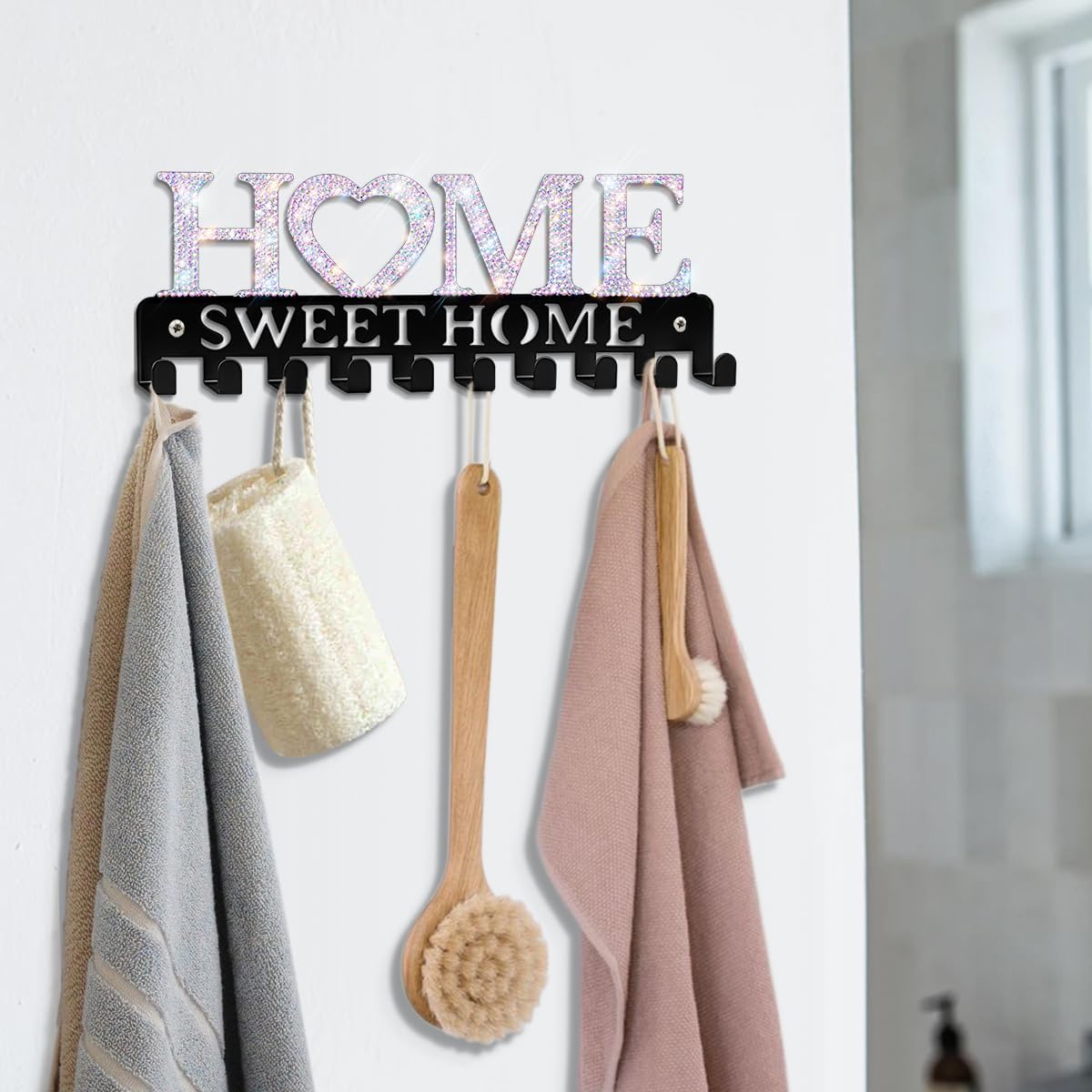 Design Home Wall Mounted Bling Key Hangers Holder Hooks Organizer Rack 10 inches 10 Hooks，Bling Sweet Home Vintage Metal Decor for Entryway Front Door Kitchen Hallway Garage Office image 4