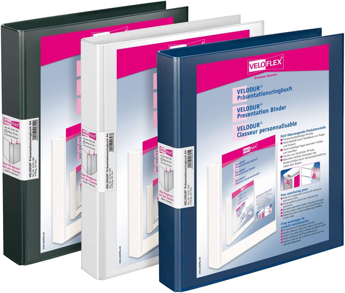VELOFLEX Velodur 1143190 Presentation Ring Binder DIN A4 2-D-Ring Mechanism 25 mm Wide with Wide Back Pocket White Pack of 1
