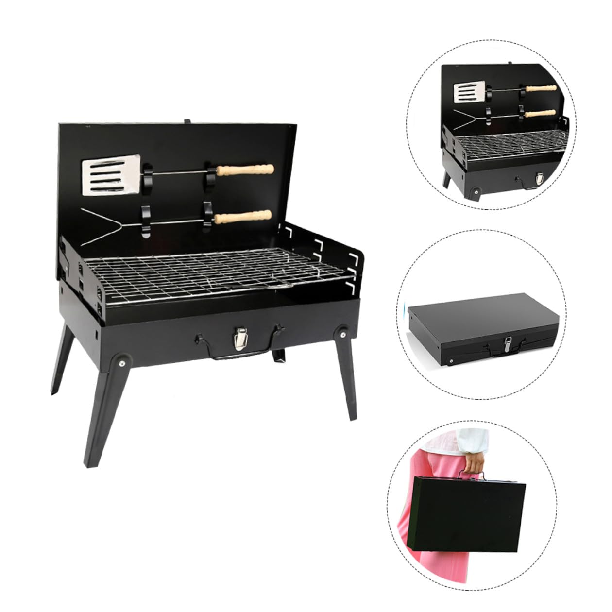 Parrilla de Barbacoa Portátil Plegable de Hierro Negro | Picnic y Acampada, con 2 Accesorios para Girar Alimentos, Segura y Firme