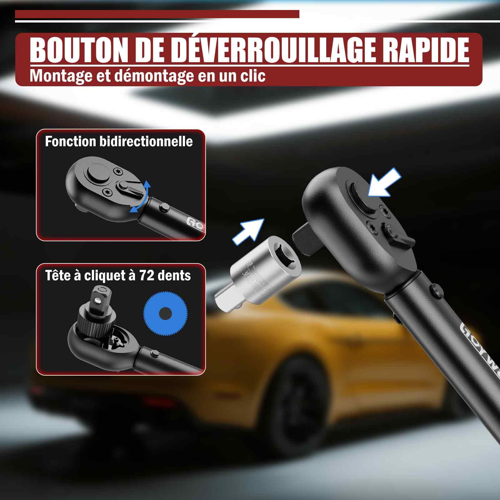 Clé Dynamométrique 1/2" 20-230 Nm - Cle Dynamometrique Voiture, Cliquet à 72 Dents, avec Barre D'extension 125mm & Adaptateur 1/2"-3/8" & Douilles 17mm/19mm/21mm, pour Voiture, Moto, Changer Les Pneus