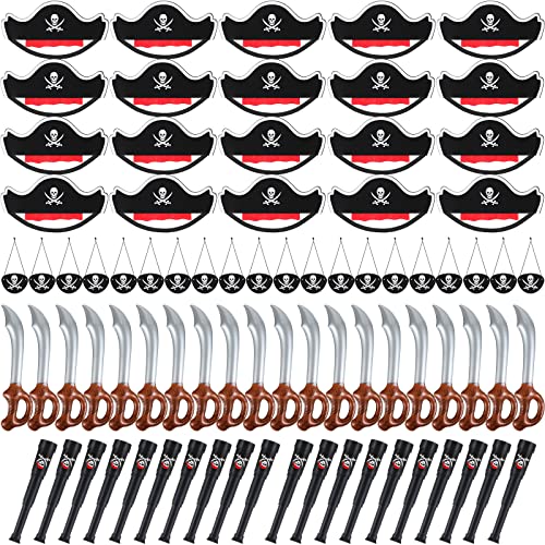 JaGely 80 Pcs Pirate Party Cosplay Set Include 20 Felt Pirate Hat 20 Captain Eye Patches 20 Inflatable Swords with Plastic Telescopes Accessories for Halloween Party Supplies