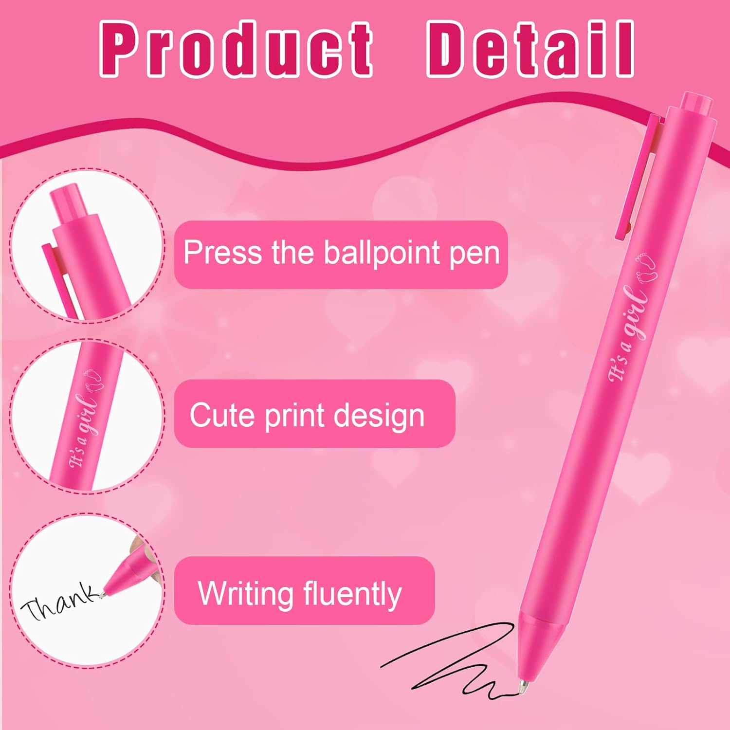 Mototo 120 Pcs Baby Shower Ballpoint Pen Baby Shower Party Favor Retractable Pink Ballpoint Pen with Black Ink for Guest Teacher Student Office School Writing Journal Party Supplies