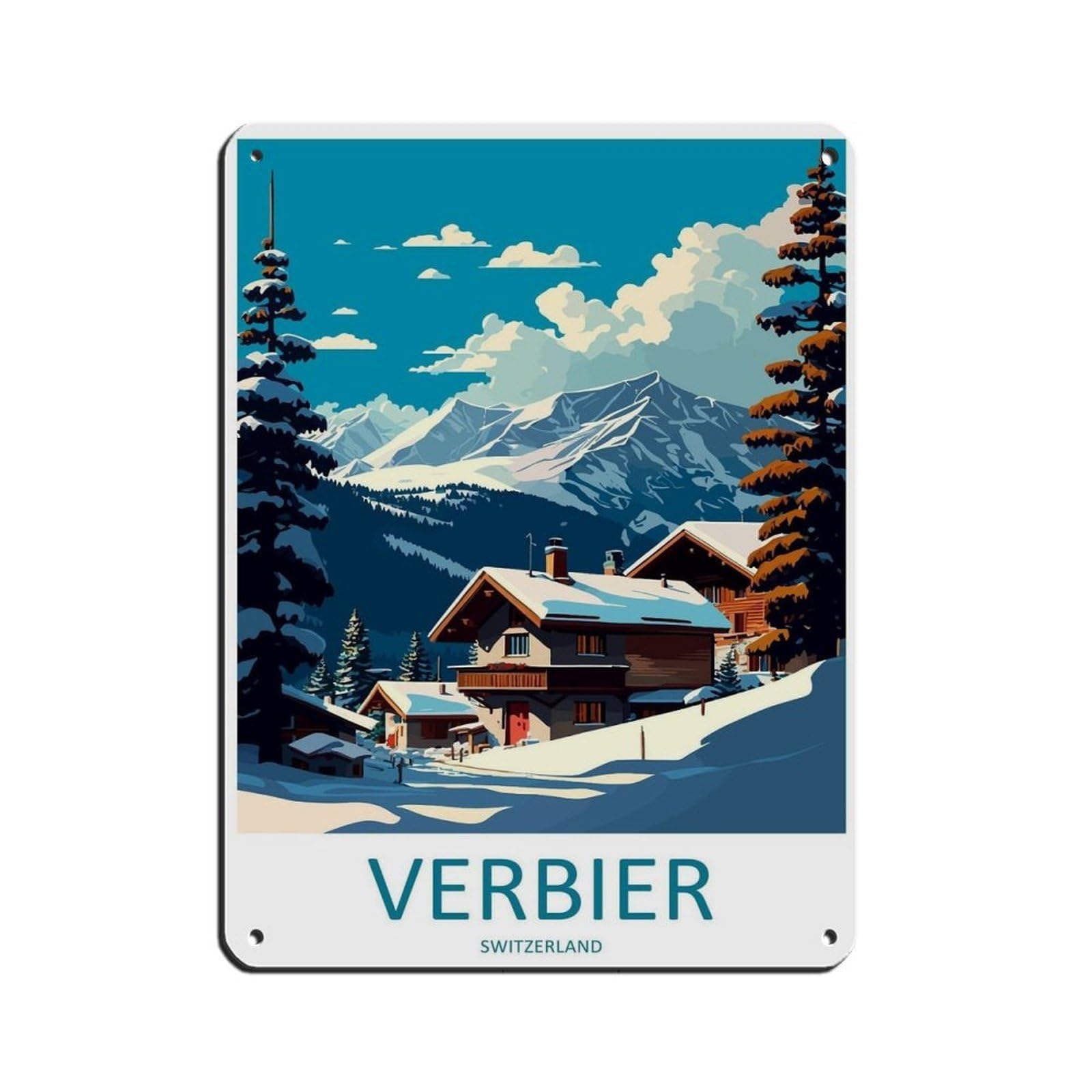 Verbier Travel Art Ski Art Lover Gift Tin Sign Vintage Metal Pub Club Cafe Bar Home Wall Art Decoration Poster Retro 12x16inch(30x40cm)