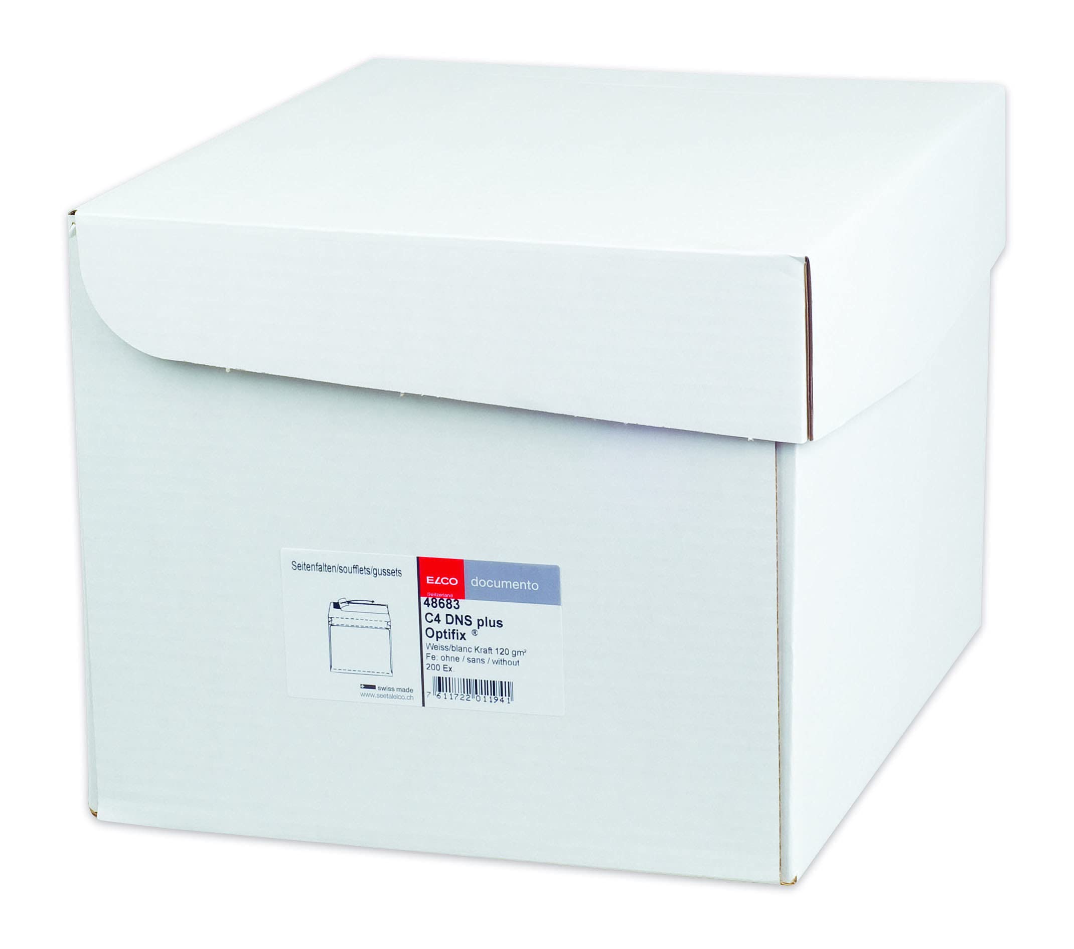 Elco 48683 Documento Box mit Deckel und 200 Briefumschläge/Versandtasche, Haftklebeverschluss, C4, 120g, Weiss Kraft, Fenster: Nein