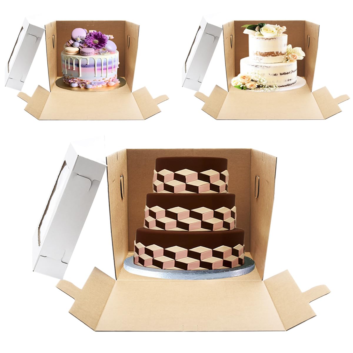 JJO Cajas altas para pasteles de nivel, 14 x 14 x 12 pulgadas, paquete de 3 cajas escalonadas para tartas con ventana, contenedores desechables para tartas, soporte alto resistente, portador de