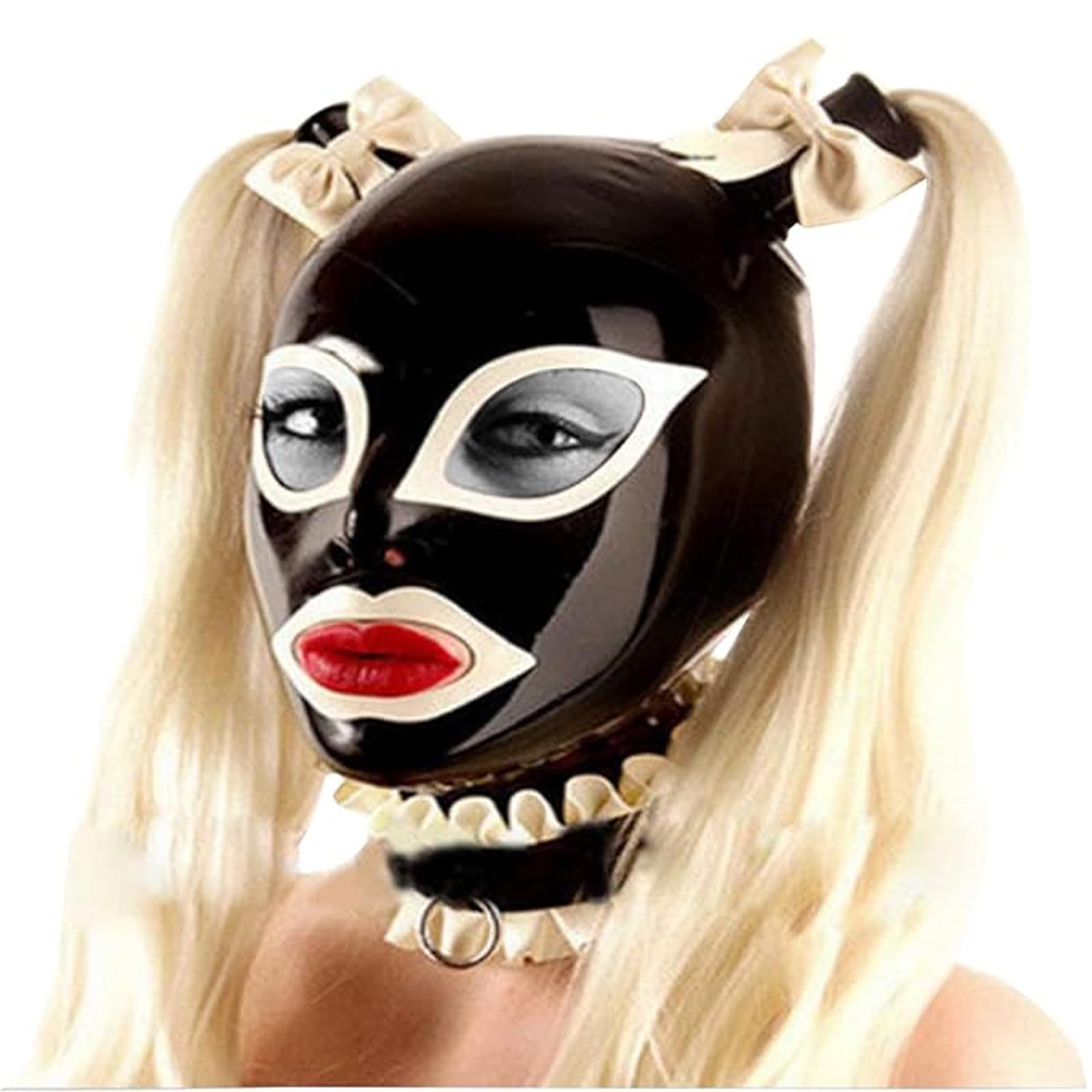 MFMYEE Masque en latex bondage avec tresses papillon, masque pour jeux de rôle SM, coiffe pour Halloween. (M)