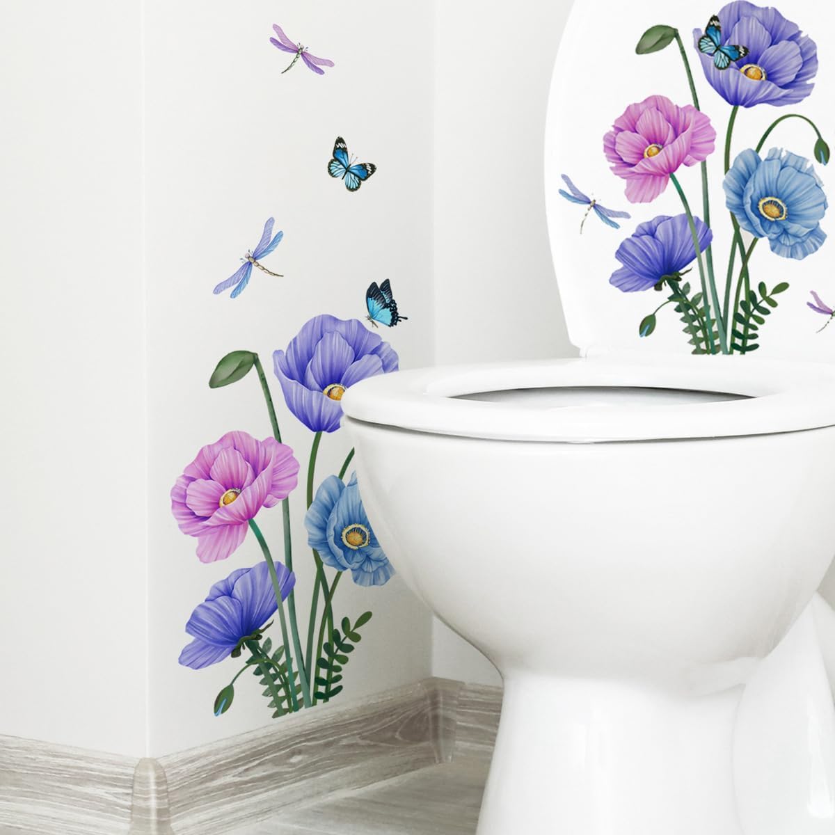 2Pcs Toilet Tank and Seat Stickers Set Bathroom Wall Decor Floral Butterfly PVC Sticker Wall Decals Peel and Stick Wall Stickers for Bathroom Living Room Bedroom Self-Adhesive Toilet Seat Decal Decor