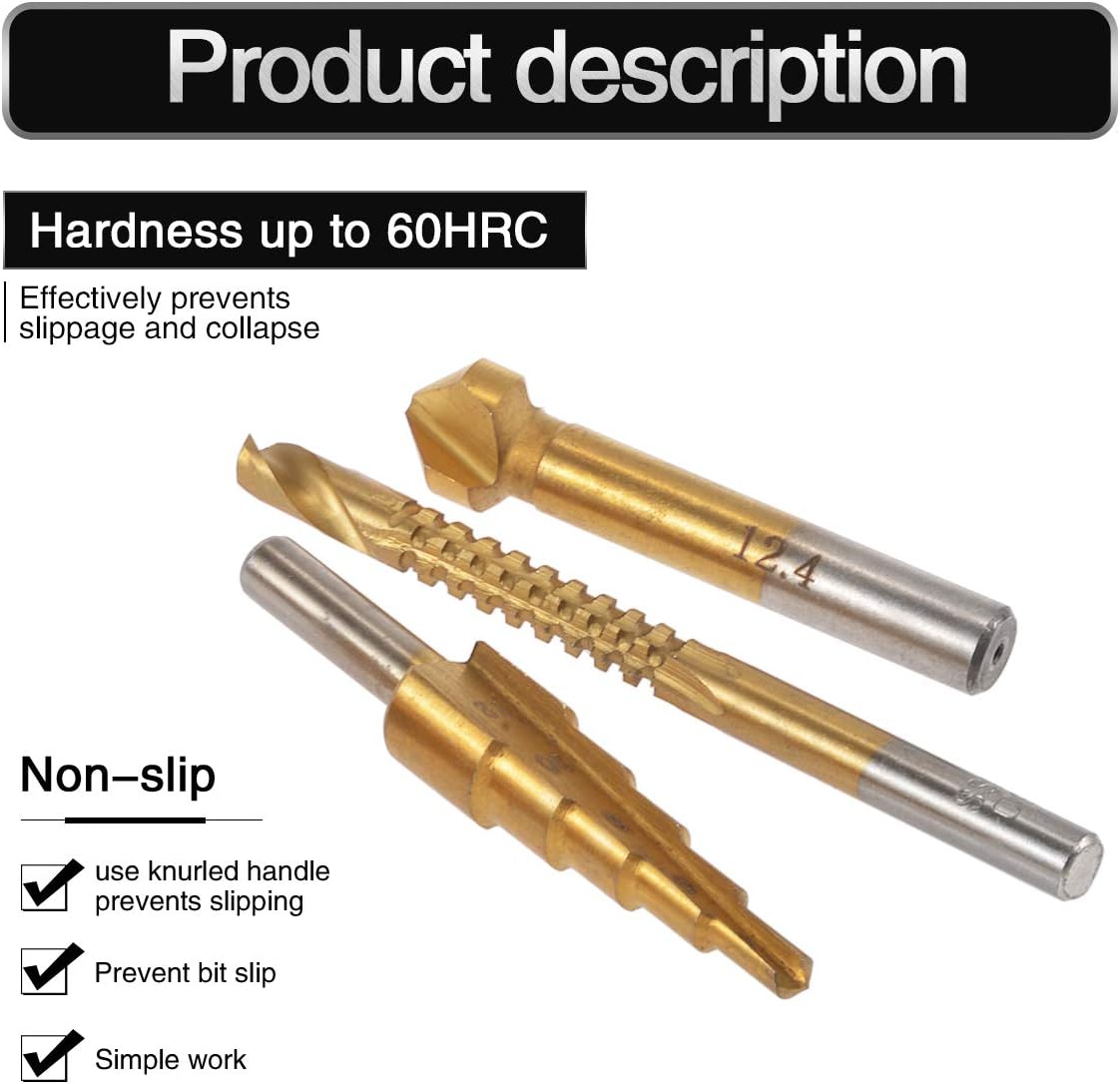 4Pcs HSS Titanium Coated Drill Bit Set Hole Cutter Kit,Step Drill bit Saw Twist Drill Bit Umbrella Chamfer Drill Bit Chamfering End Mill Countersink Drill Bit