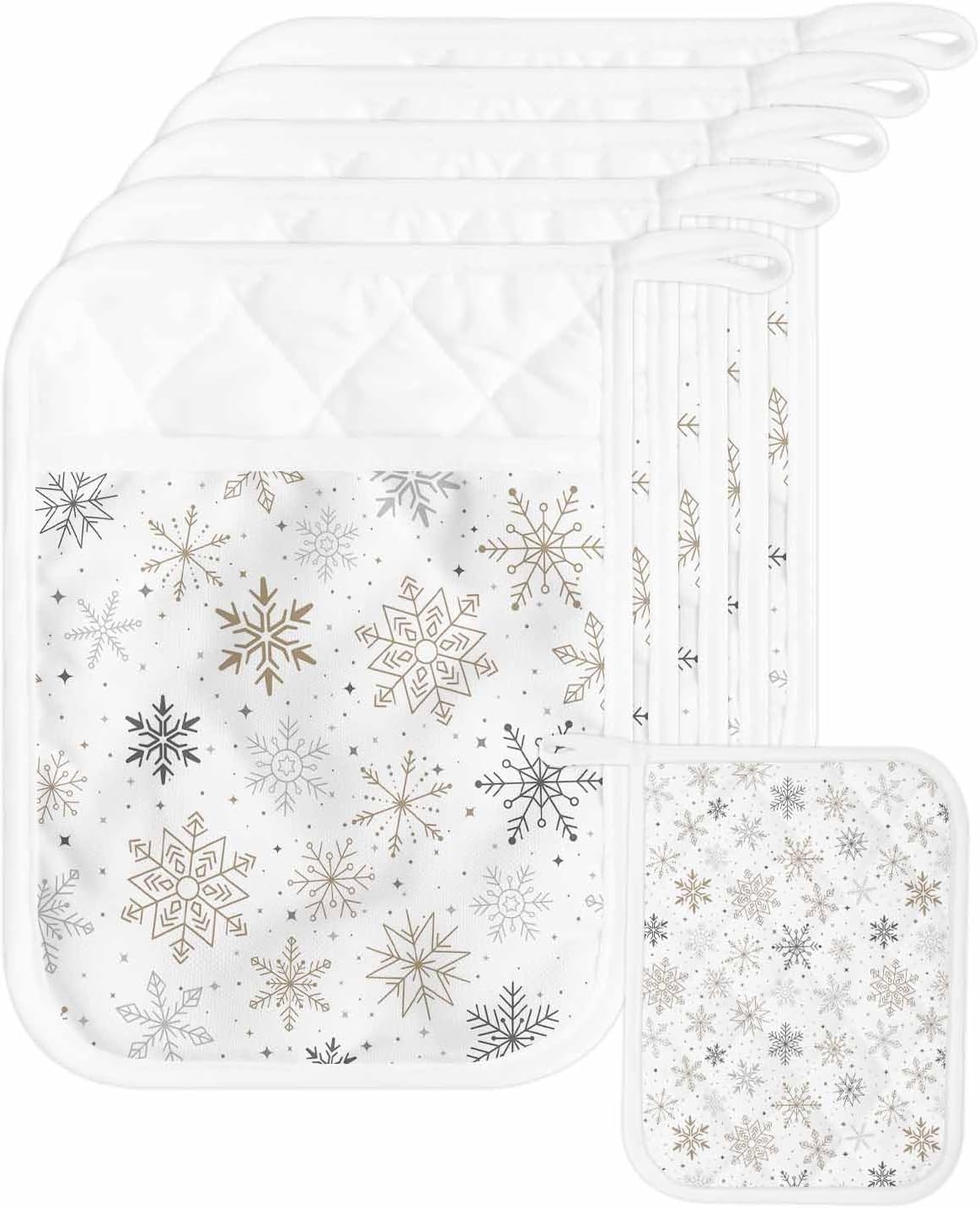 Pot Holders with Pockets, Heat-Resistant Hot Pads for Kitchen, Christmas Winter Snowflake Tile Pattern Oven Mitts Pot Holders Sets Potholders for Baking Cooking Pack of 5