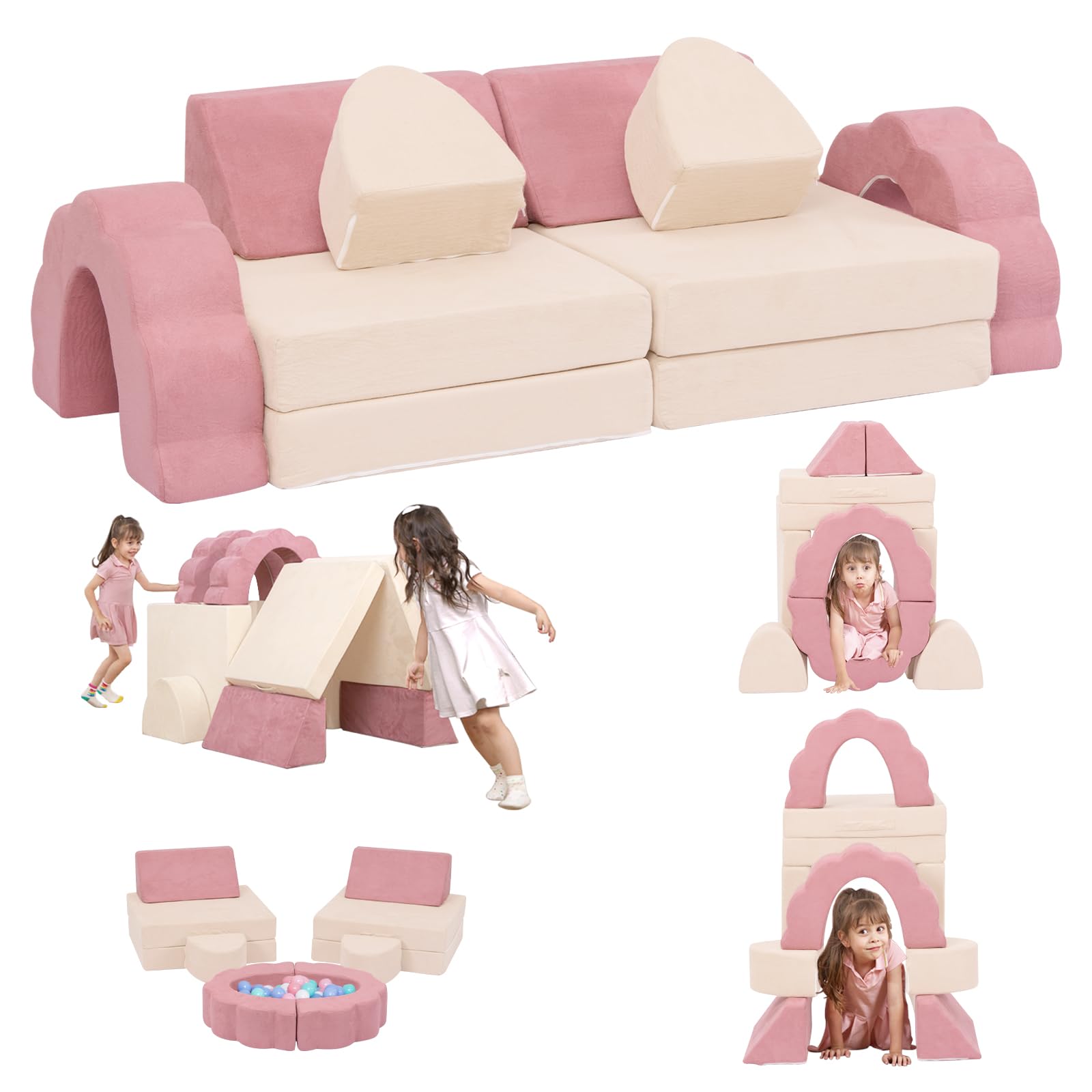Flower Kids Play Couch 10PCS Toddler Couch High Density Foam Sectional Sofa Playroom Kids Furniture for Girls and Boys Bedroom (Pink)