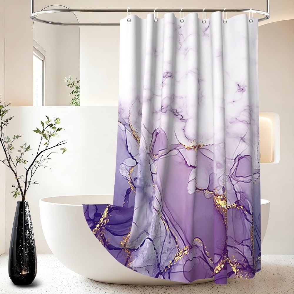 Xiaoterna 90x180cm Marble Shower Curtain White And Purple Gold Dots Waterproof Polyester Bathroom Curtain Luxury Modern Aesthetic Artistic Washable Mildew Resistant Bathroom Decorative Fabric