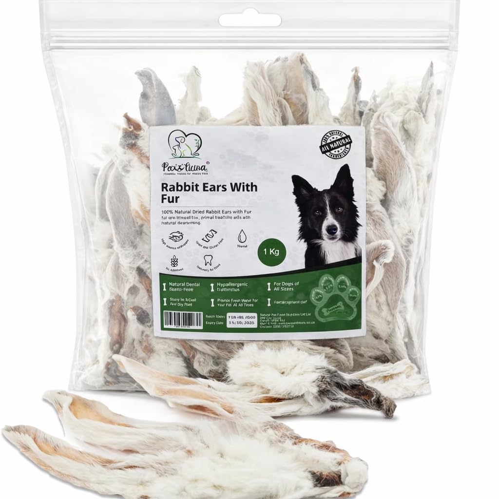 PAWLICIOUS 1kg Rabbit Ears with Fur for Dogs (70-85 Furry Ears), 100% Natural Air-Dried Treat Chew for Dog, Puppy & Senior Healthy & Hypoallergenic Dog Food Grain & Gluten Free Pet Treats