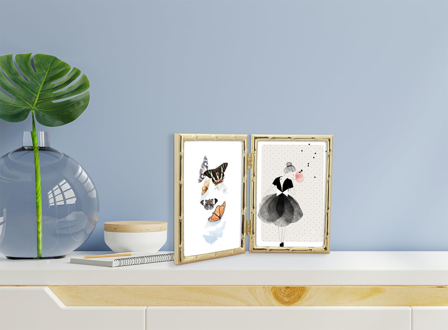 4x6'' Bamboo Detail Double Photo Frames, Gold Metal Picture 6x4'' Double - Image 2