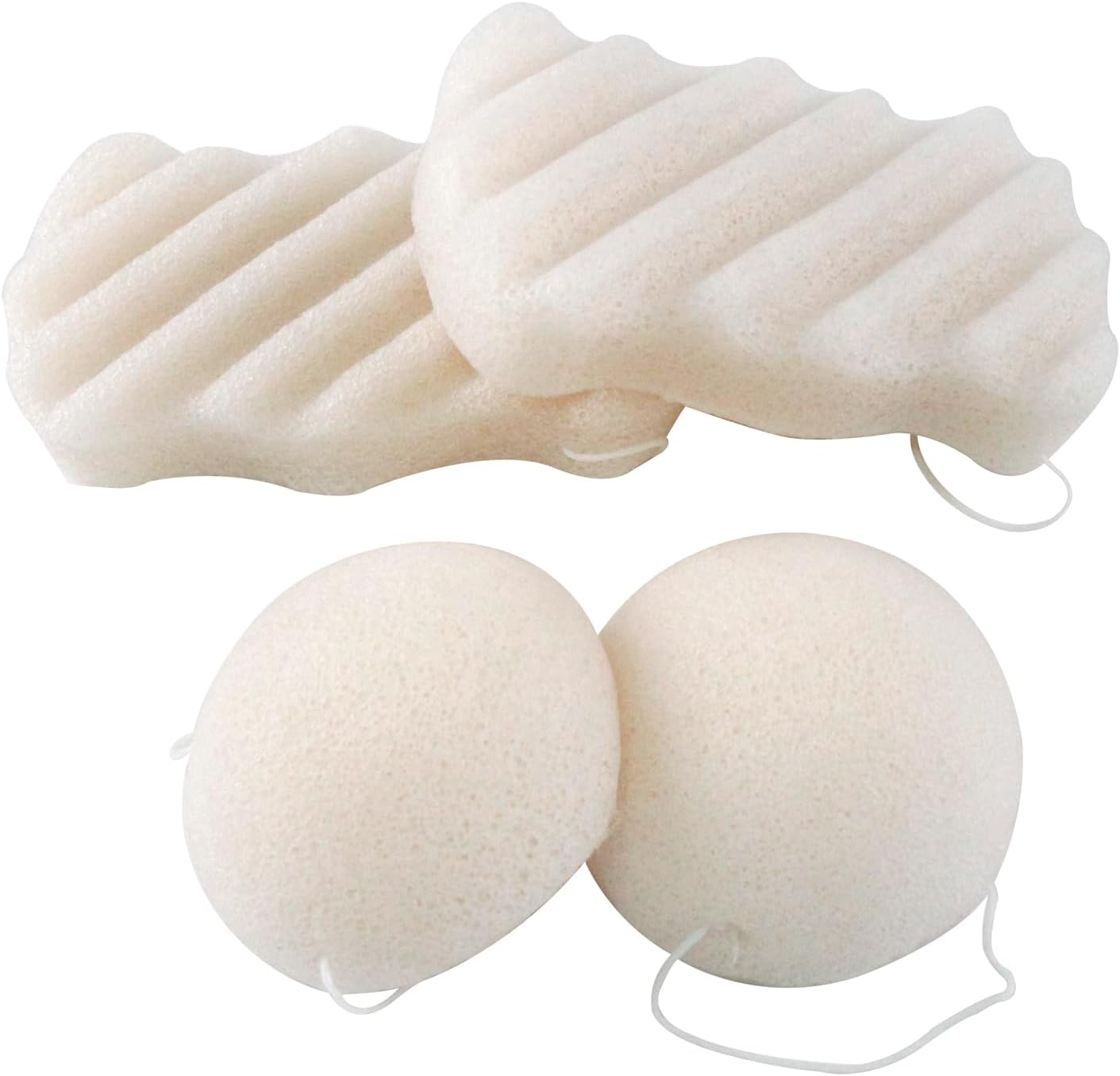 Konjac Exfoliating Organic Facial Sponge Set | Gentle Daily Face Scrub/Skincare | Super Soft Body Cleansing Sponge for Shower, Safe for Baby Bathing, Half Ball + Rectangle (4 Pack, White)