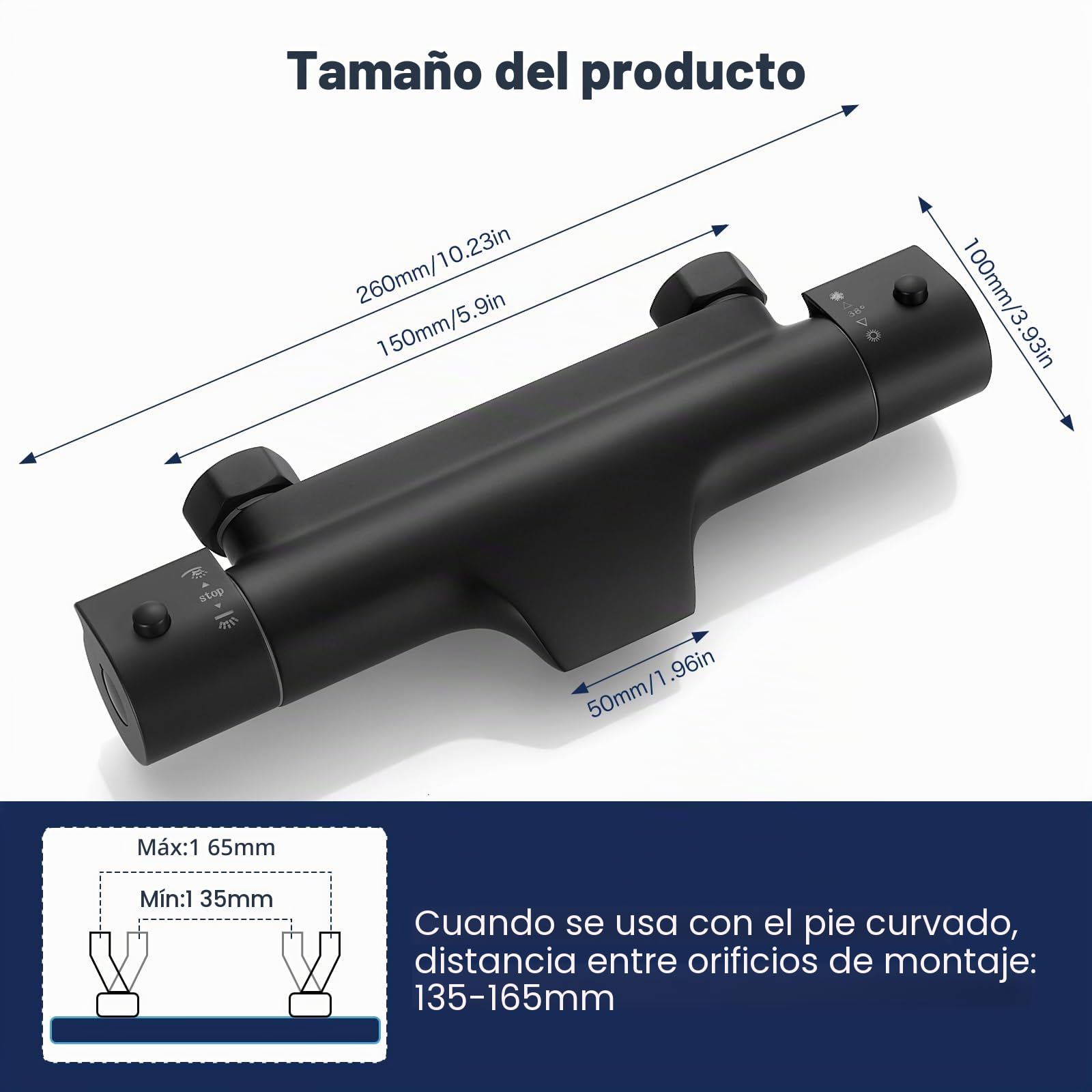 Grifo Ducha Termostático en Cascada Negro, Grifo Termostatico Bañera con el Botón de Seguridad 38 ℃, Grifo Termostático para Bañera y Ducha de Latón con 2 Salidas de Agua, Montaje en Pared