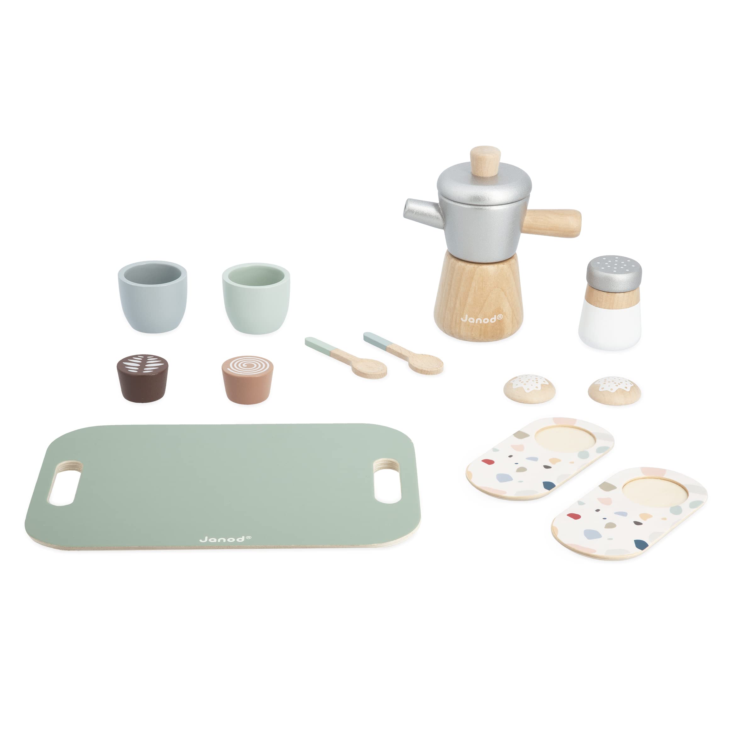 Janod - caffè all'Italiana - 13 Accessori Legno FSC - Giocattolo di Imitazione - Servizio da caffè Bambini - Gioco in Legno FSC - dai 24 Mesi, J06630