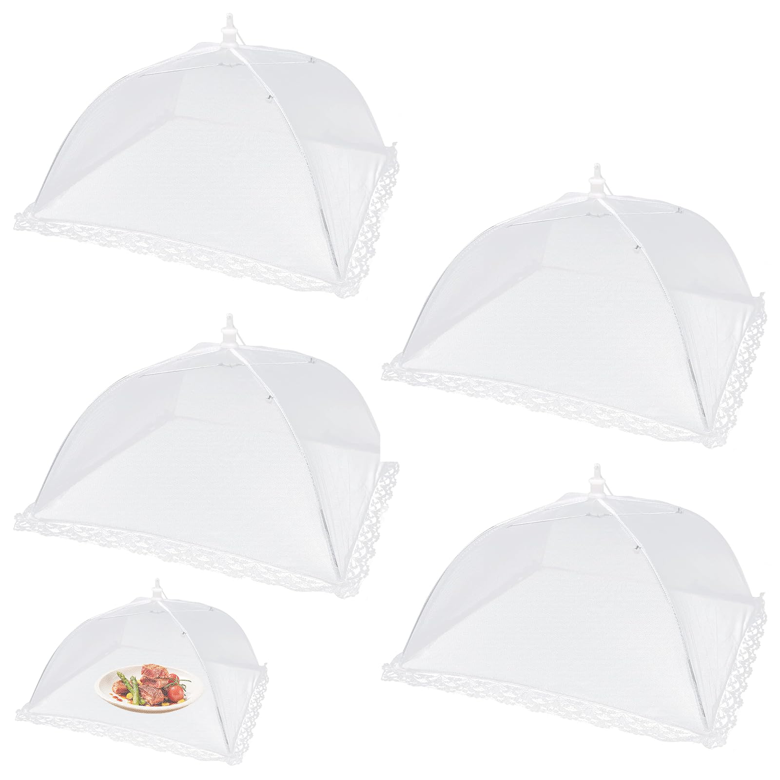 POPAPIE 4 Pack Food Covers,Food Domes Cover,Mesh Pop Up Nets,Cake Fruit Cover,Fine Net Screen Umbrella for Outdoor Camping Picnics Parties BBQ Collapsible and Reusable (White)