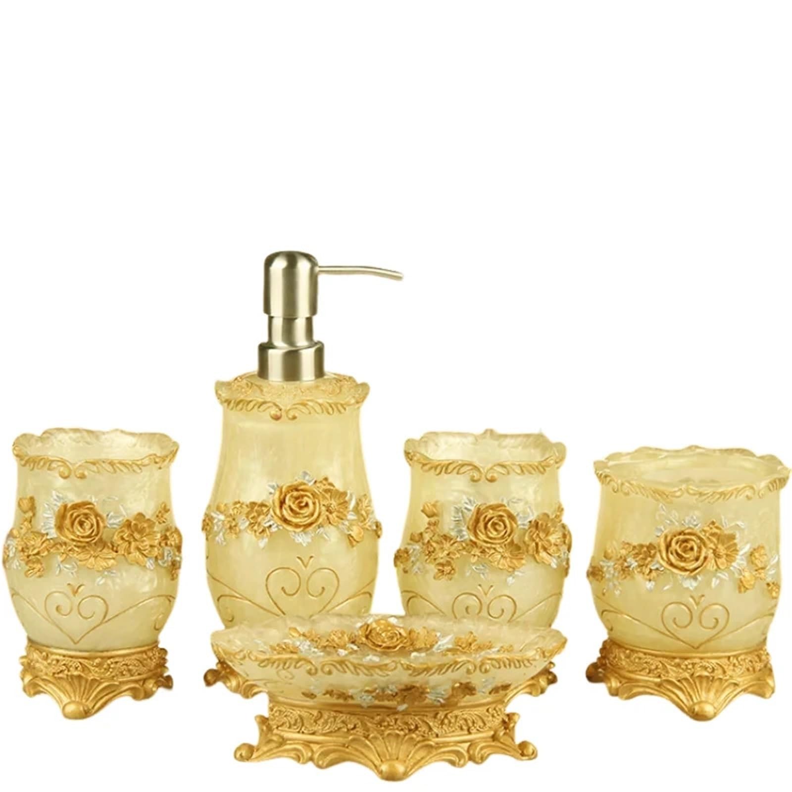 Bathroom Set Resin Household Bathroom Set Soap Dispenser Tooth Brush Holder Cup Dish Tray Toilet Wastebin Storage(Yellow)