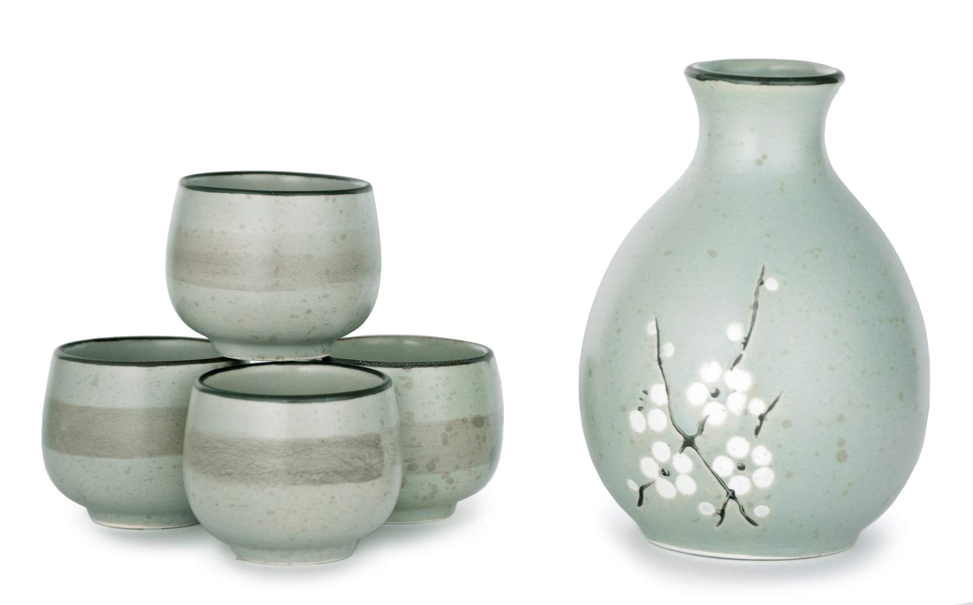 Hinomaru Collection Kagetsu Japanese Glazed Porcelain Sake Set Tokkuri 9.5 fl oz Bottle with Four Sake Ochoko Cups 2 fl oz Sake Set (Soshun Green)
