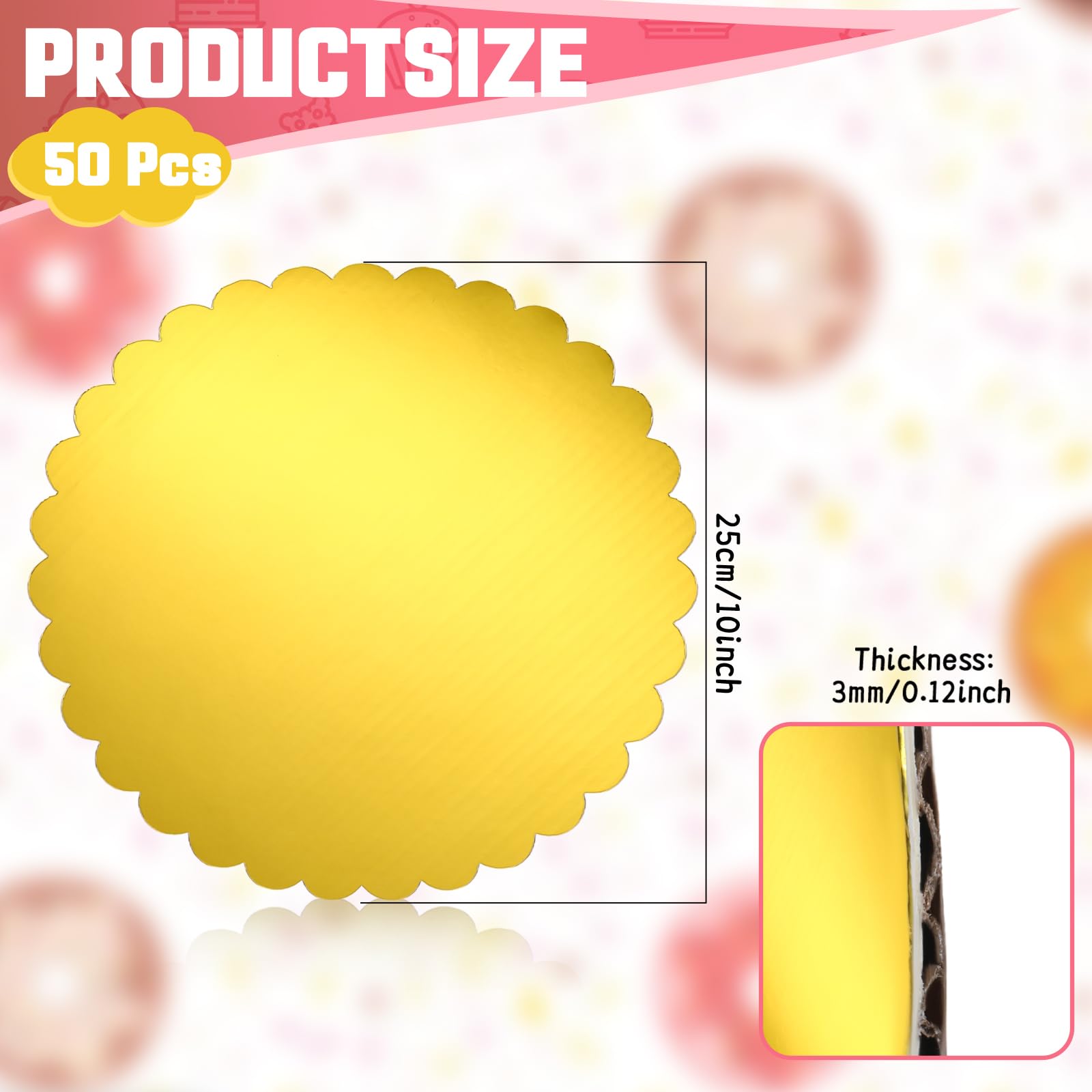 SynHHergyx 50 Pack 10 Inch Gold Cake Boards Round Disposable Cake Circle Base Board Valentine's Day Cake Cardboard Rounds Scallop Edge Grease Proof Coated Plate for Wedding Christmas Birthday