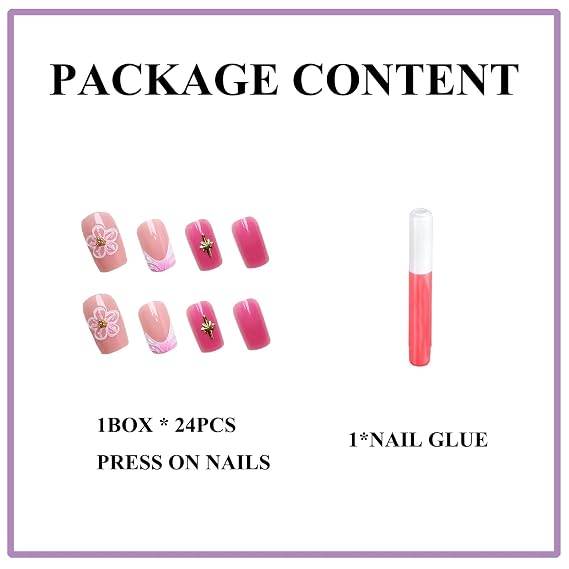 MERVF Square Press ons Nails Medium Fake Nail Pink Ombre French Tip Glue on Gradient Acrylic Nail 3D Flower Design Squoval Manicure Supplies Art 24pcs Glossy