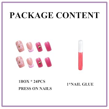 MERVF Square Press ons Nails Medium Fake Nail Pink Ombre French Tip Glue on Gradient Acrylic Nail 3D Flower Design Squoval Manicure Supplies Art 24pcs Glossy