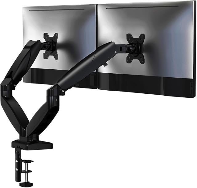 Support de bras de double moniteur ergonomique pour les écrans doubles 20lbs, Ressort à gaz réglable, en mouvement complet, VESA Montage, gestion des câbles, Space Sauver